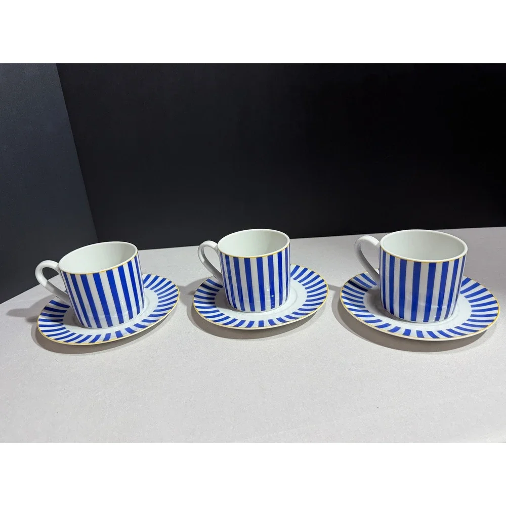 Vintage IKEA SPAL Blue White Striped Espresso Cup Saucer Set of 3 Portugal